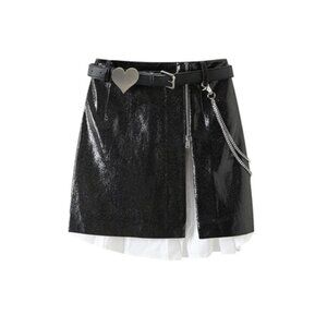 Women's Black Leather Skirt with Silver Chain and Heart Shape Belt